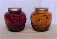 2 Halloween glass skull face jars w/ metal lids,