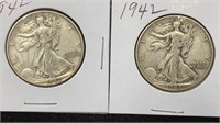 (2) 1942 Silver Walking Liberty Half Dollars