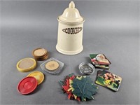 Vintage Pfaltzgraff Village Cookie Jar & Coasters
