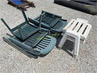 Plastic patio lounge chairs, foot stools