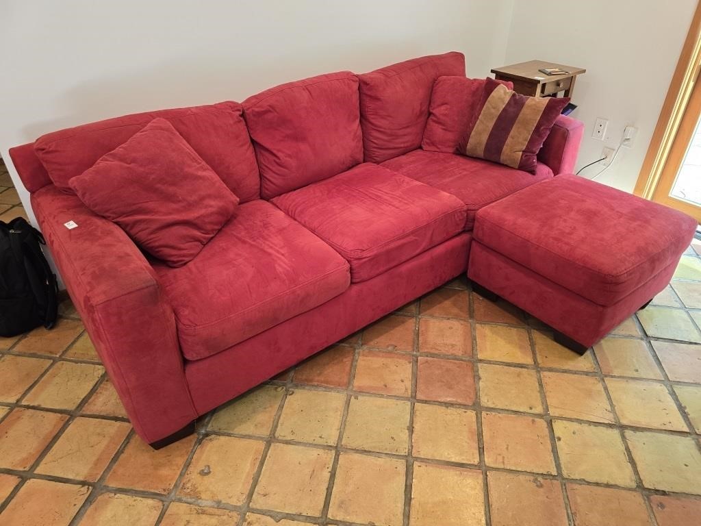 Red suede couch, ottoman & pillows 94x40",