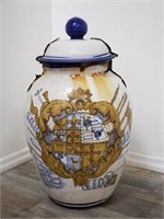 Handpainted lidded jar, 31" h. x 20" diam.