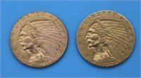 2 $2 1/2 INDIAN HEAD GOLD COINS, 1909 & 1910,