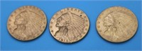 3 $2 1/2 INDIAN HEAD GOLD COINS, 1912, 1913,