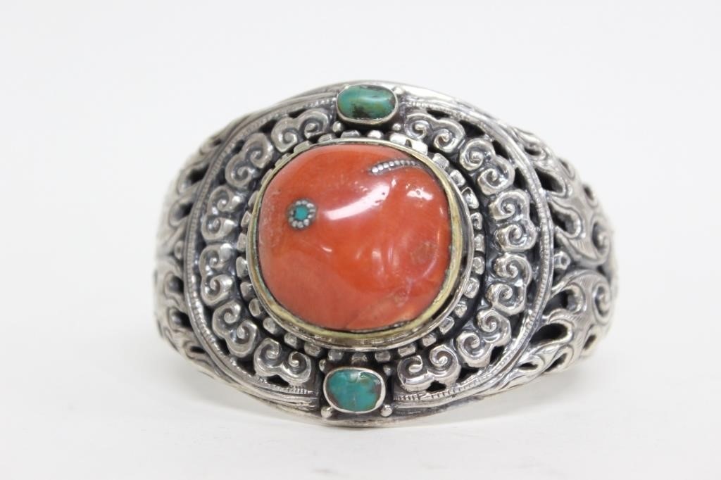 Sterling Silver Ring w Coral and Turquoise