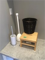 trash can, step stool, bathroom plunger, brush