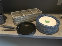 paper plates, wicker basket, Teflon skillet