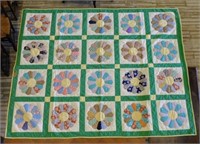 Hand Appliqued Dresden Plate Feed Sack Quilt.