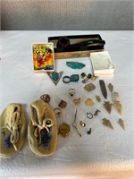Stone Arrowheads, Pipe, Moccasins, Rings etc