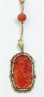 Red jade, pearl, enamel & 14K green gold necklace