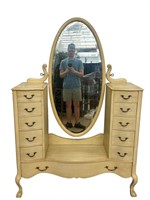 Cream Colored Wood Vanity Dresser with Oval Mirror