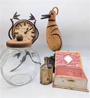 Victorian Box, Antique Bottle, Bird Figure, Clock