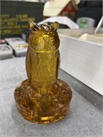 Vintage Amber Glass Owl Flower Frog