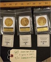 3 American Mint coins 911 commemoratives 24k plate