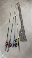 (4) FISHING POLES W/ REELS & CASE