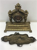 Vtg Art Nouveau Brass Ring Tray and Mantle Clock