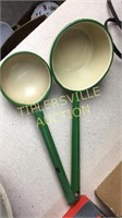 Two green handle graniteware ladles
