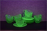 9 Jeannette Cubist Uranium Glass Cups & Saucers