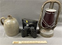 Binoculars, Stoneware Jug, Red Globe Lantern
