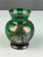 Silver overlay green glass vase