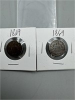 (Times 2) 1869 Shield Nickel 5 Cent Piece