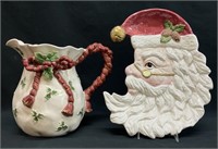 2pc Fitz & Floyd Pitcher & Santa Platter