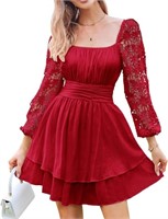 Byinns Women's Lace Long Puff Sleeve Mini Dress