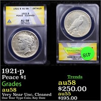 ANACS 1921-p Peace Dollar $1 Graded au58 By ANACS