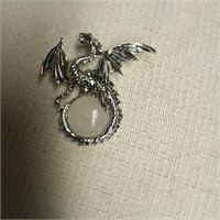 Silver Toned Dragon Pendant w/ White Stone