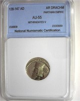 128-147 AD Mithradates V NNC AU55 AR Drachm