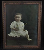 Antique Baby Girl Photo In Old Frame 15"x12"
