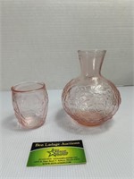 Floral Design Pink Glass Vase and Cup