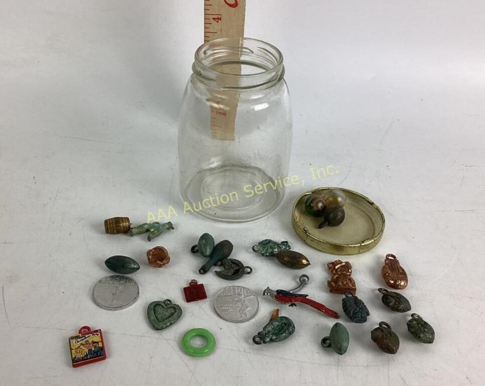 1930s Cracker Jack charms in jar