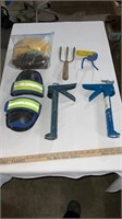 Garden tools, caulking guns, knee pads, various