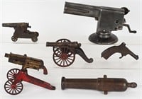 CAST IRON TOY CANNONS, MACHINE GUN & CAP GUN LOT