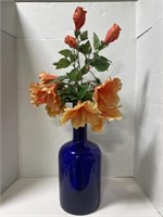 17 “ Cobalt Blue Glass Bottle With Faux Flowers,