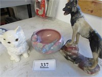 Chalkware Dog Statue, Royal Haeger Bird Dish, Cat