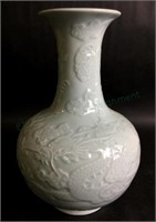 Asian Embossed Dragon Motif Celadon Porcelain Vase