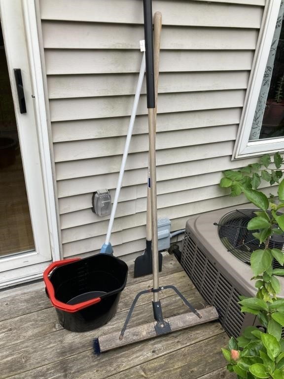 Lot of Cleaning Brooms & Brushes, Bucket