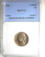 1958 Nickel MS67 FS LISTS $13500 IN 66+FS