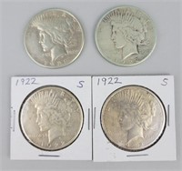 4 1922 90% Silver Peace Dollars.