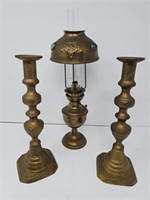 Antique Brass Oil Lamp and Candlesticks