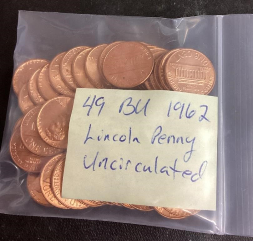 1962 uncirculated Lincoln pennies  --49 total