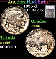 *highlight* 1935-d Buffalo Nickel 5c Grades ms66 S
