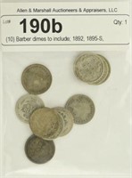 (10) Barber dimes to include; 1892, 1895-S,