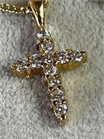 GOLD TONE CROSS NECKLACE WITH GLASS JEWELS