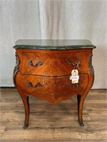 French Marquetry Inlay Marble Top Bombe Commode
