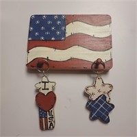 Flag and 2 keychains, wooden wall hanging. 4x6