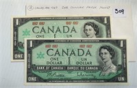 2 Canadian 1967 One Dollar Paper Money