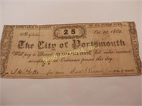 1862 City of Portsmouth 25 cents Civil War note